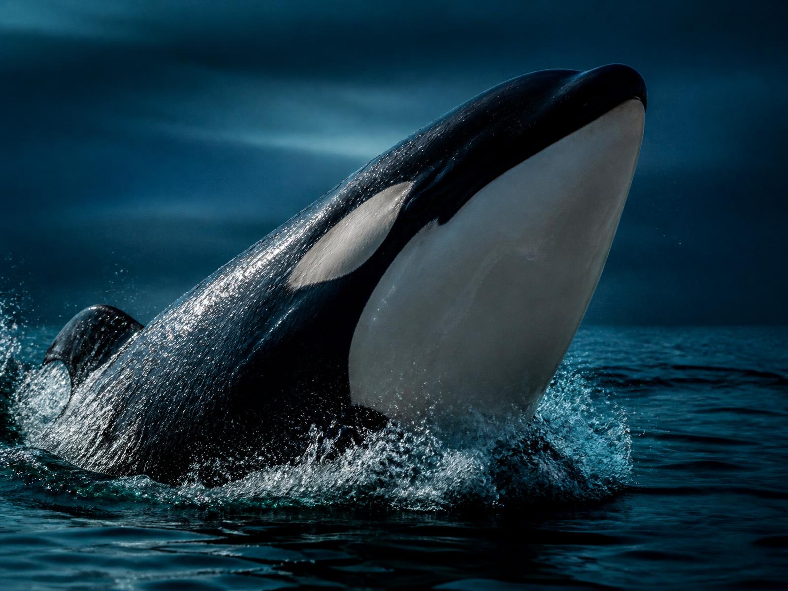Orca vyskakující z tmavé oceánské hladiny — symbol inteligence a rychlé reakce.